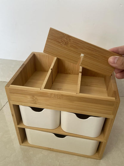 Bamboo Makeup Organizer Jewelry Box, Bamboo Desk organizer with 3 drawers and adjustable dividers, 3 Tier Jewelry Storage Case, Desktop Organization Storage