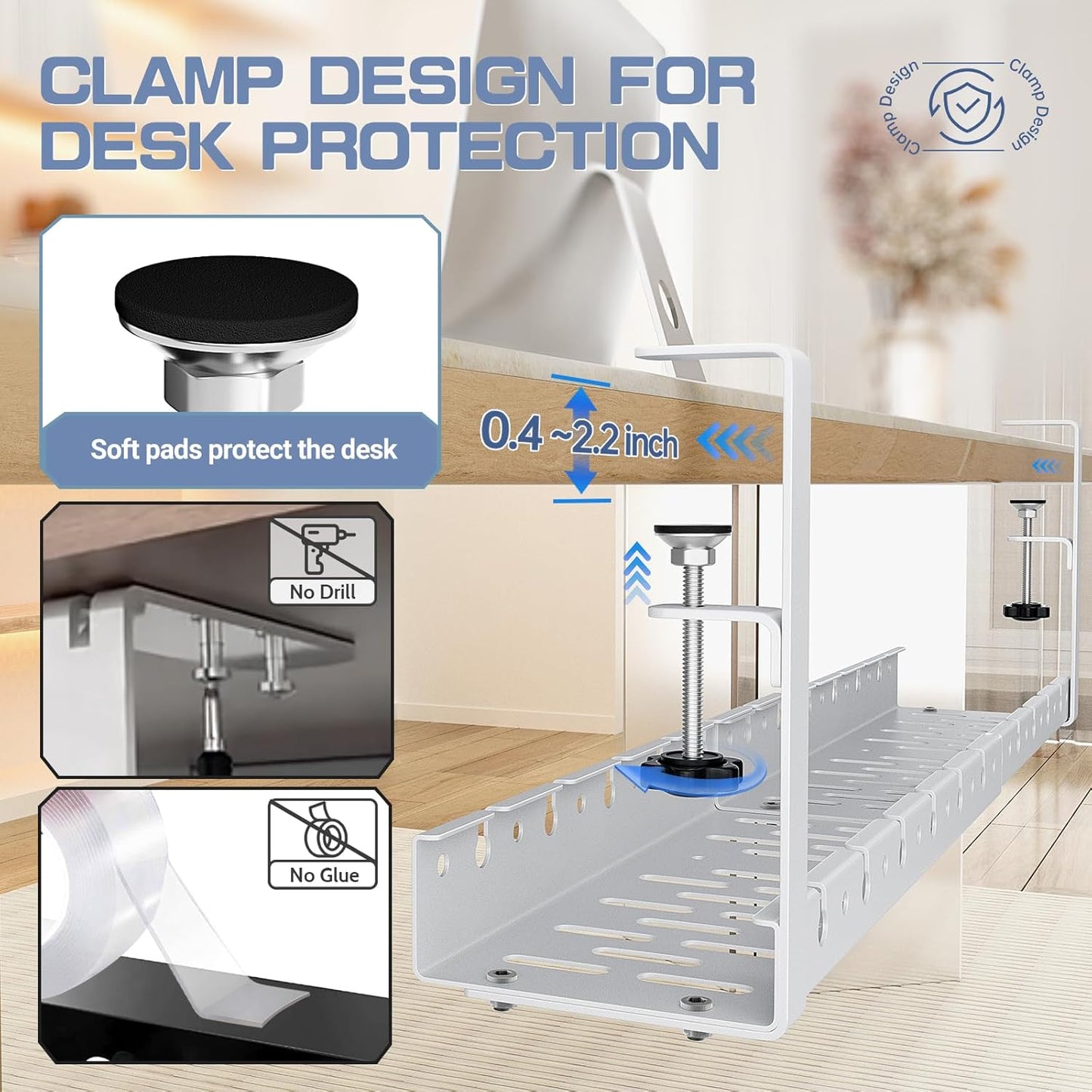 Shikha Cable Management Under Desk, 15.7"-31" Retractable Cable Management Tray, No Drilling Cord Organizer with Clamp for Desk, Under Table Wire Management Tray for Home Office -White