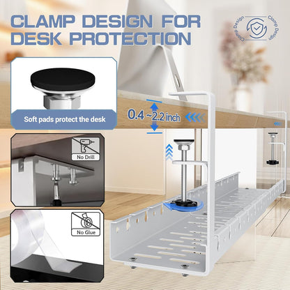 Shikha Cable Management Under Desk, 15.7"-31" Retractable Cable Management Tray, No Drilling Cord Organizer with Clamp for Desk, Under Table Wire Management Tray for Home Office -White