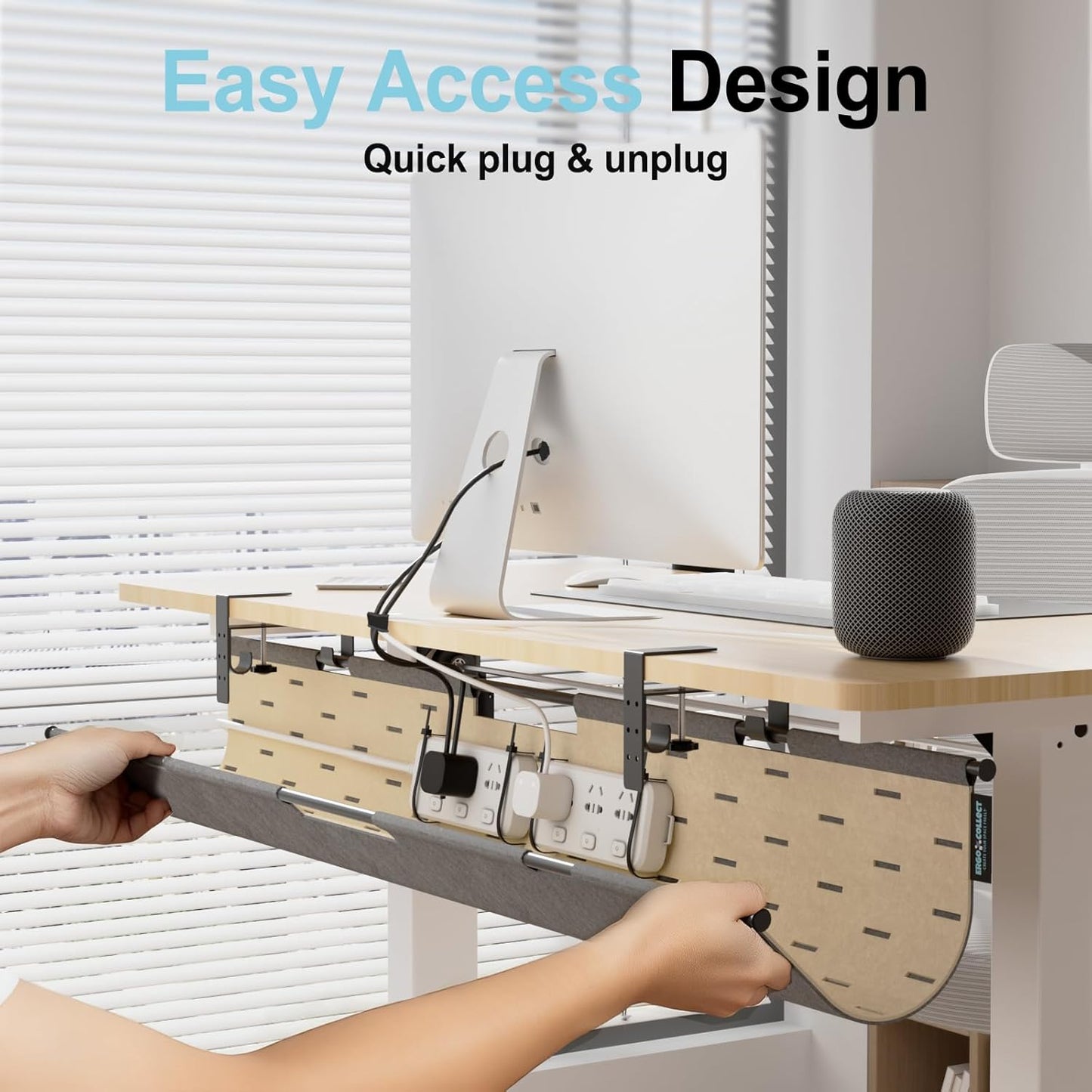 2-in-1 Under Desk Cable Management Tray & Privacy Panel, Dual-Sided Thick Felt Cord Organizer with 20 Cable Ties,Heavy Duty Steel Frame Support, No-Drill Clamp Mount,Large Capacity (Khaki/Gray, 45.2")