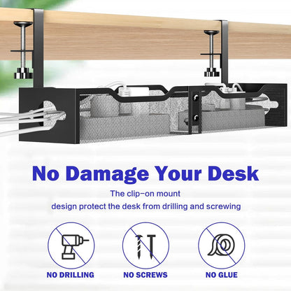 Under Desk Cable Management Tray 25.12", Extra Large Cable Management No Drill, Extended Cord Organizer with Adjustable Clamps, Black