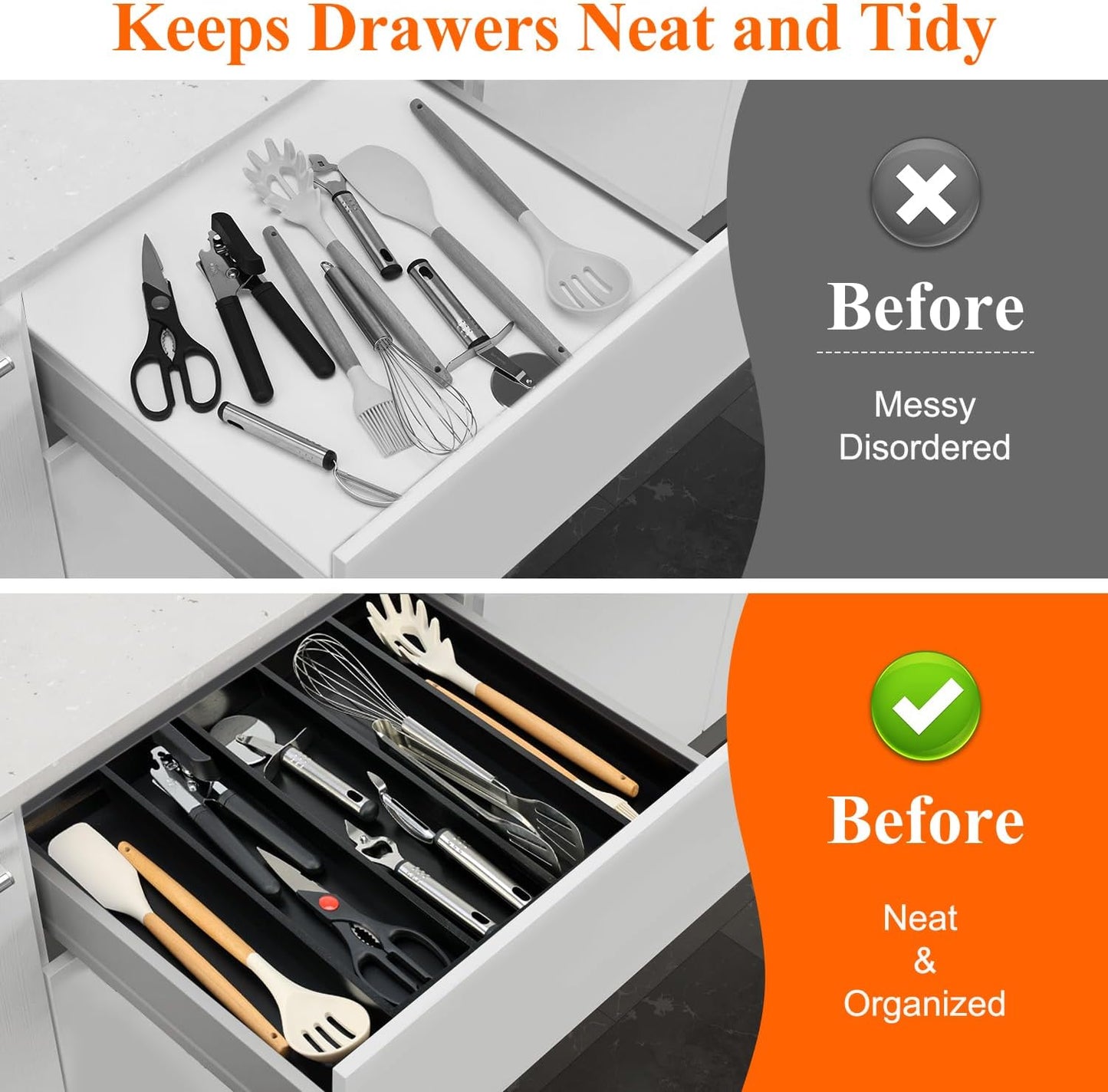 Large Bamboo Silverware Drawer Organizer Tray Kitchen Tool Drawer Divider Organizers Storage Expandable Cooking Utensil Organizer Wooden Cutlery Tray Spoon Flatware Organizers Utensil Holder Drawers