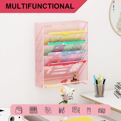 Wall File Organizer Holder Mesh Hanging Paper Document Holder,Vertical 6 Pocket Tier for Office Home, Black