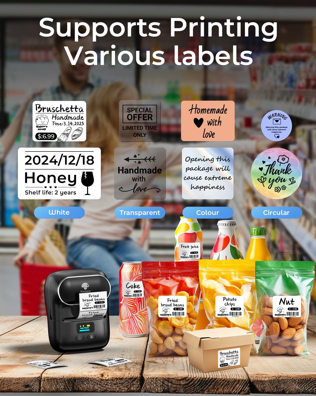 Phomemo M110 Label Makers - Barcode Label Printer Bluetooth Label Maker Portable Thermal Printer for Small Business, Address, Barcode, Logo, Clothing, Mailing, Sticker Printers for Phone & PC, Black