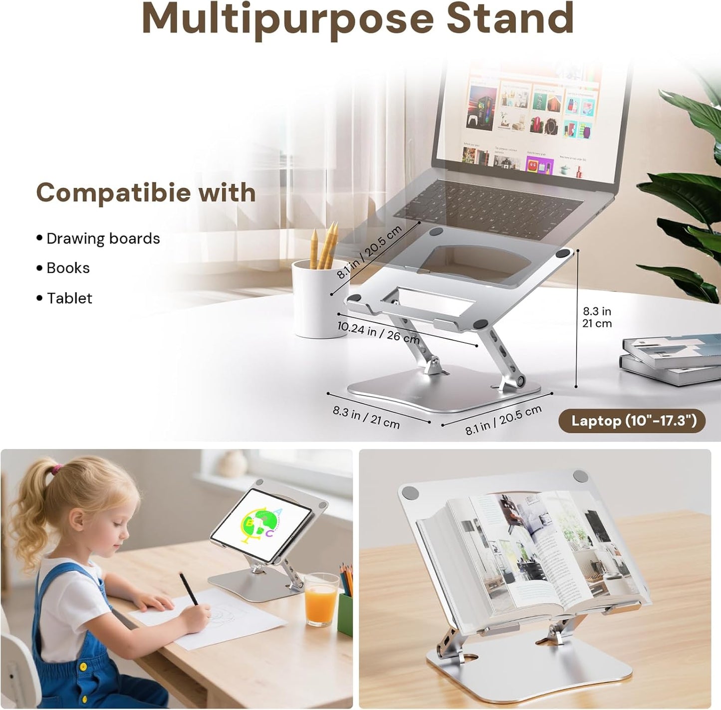 Laptop Stand for Desk, Adjustable Height & Angle Portable Aluminum Laptop Riser & Monitor Stand with 360° Swivel, Foldable Ergonomic Computer Stand for 10-17 Inch Laptops (MacBook/Dell/HP), Silver.