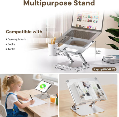 Laptop Stand for Desk, Adjustable Height & Angle Portable Aluminum Laptop Riser & Monitor Stand with 360° Swivel, Foldable Ergonomic Computer Stand for 10-17 Inch Laptops (MacBook/Dell/HP), Silver.
