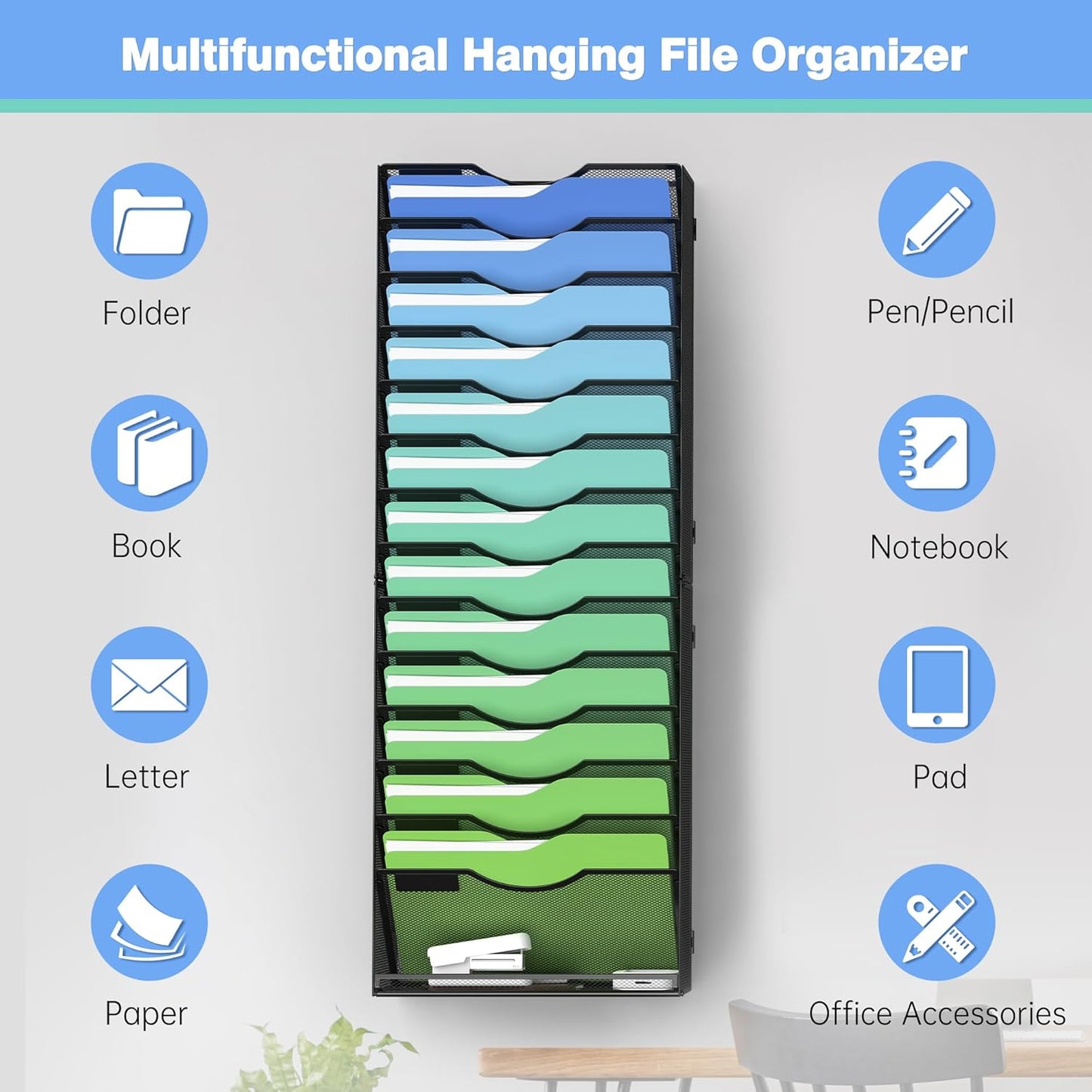 Kuntine.B Wall File Organizer Office Hanging Magazine Holder Wall File Organizer for Office Home (Black, 5 Tier)
