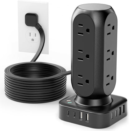 Flat Plug Power Strip Tower 10FT, 40W Total Fast Charging Station, Dual PD 20W USB-C Surge Protector with 12 AC Outlets and 8 USB Ports (4 USB C), Long Extension Cord for Home Office Dorm Room