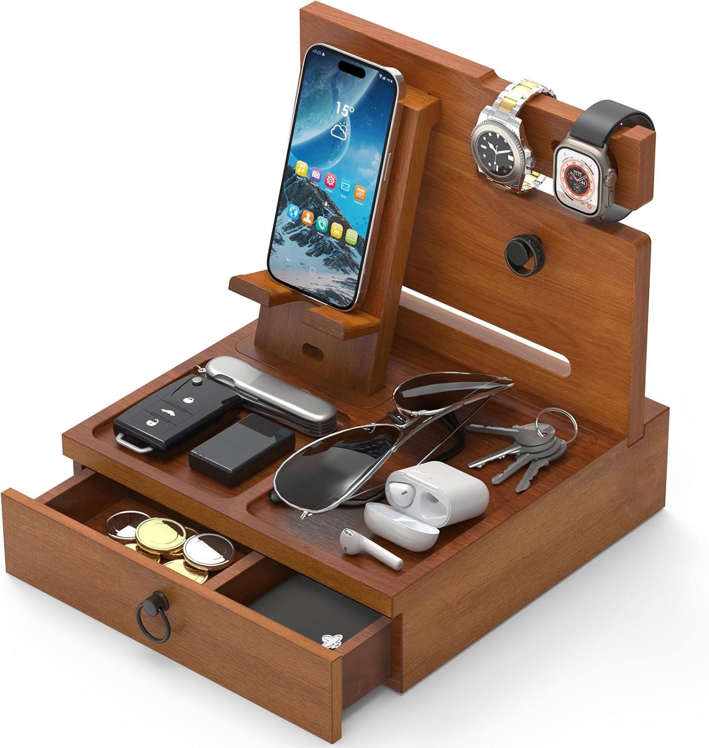 Wood Phone Docking Station with USB Ports and Outlets, Nightstand Organizer with Charging Station, Bedside Organizer with Drawer for Watch & Accessories, Christmas Anniversary Birthday Gifts for Men