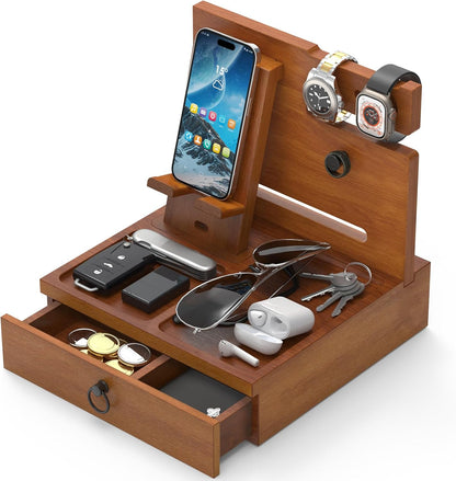 Wood Phone Docking Station with USB Ports and Outlets, Nightstand Organizer with Charging Station, Bedside Organizer with Drawer for Watch & Accessories, Christmas Anniversary Birthday Gifts for Men