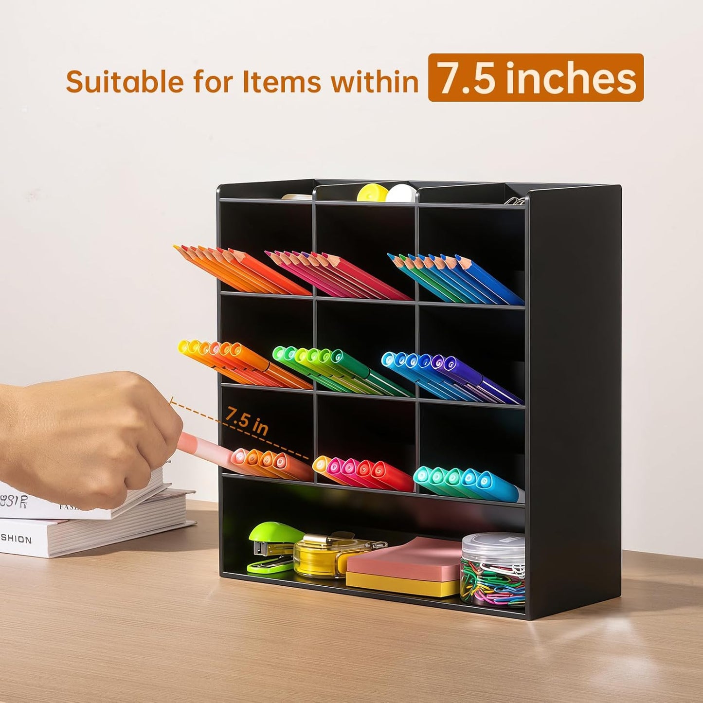 BEYGORM Acrylic Vertical Marker Organizer for 150 Markers with 13 Compartments, Clear Angled Pen & Pencil Holder, Large Desk Stationery & Art Supply Storage for Office & School (10.2 x 9.8 x 4 Inch)