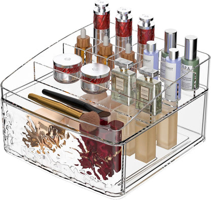 Clear Plastic Countertop Makeup Organizer Compact Rectangular 9-Section Grid with Pull-Out Drawer Dedicated for Brushes, Eyeshadow Palettes & Beauty Supplies