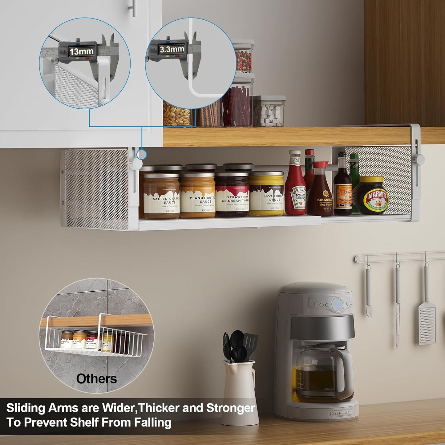 AmonHouseware 2Pack Under Shelf Basket, Adjustable Hanging Under Cabinet Shelf Storage, Hanging Holder Length Stretchable 14.9-22.6Inch for Kitchen Pantry Desk Counter Bookshelf Cupboard (Black)