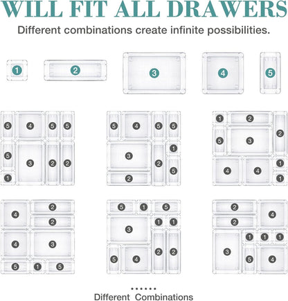 StorMiracle 16 PCS Drawer Organizer Set, 5 Varied Size Bathroom and kitchen Drawer cabinet organizer Trays, Clear Storage Bins for Makeup, Jewelry, Utensils and Gadgets