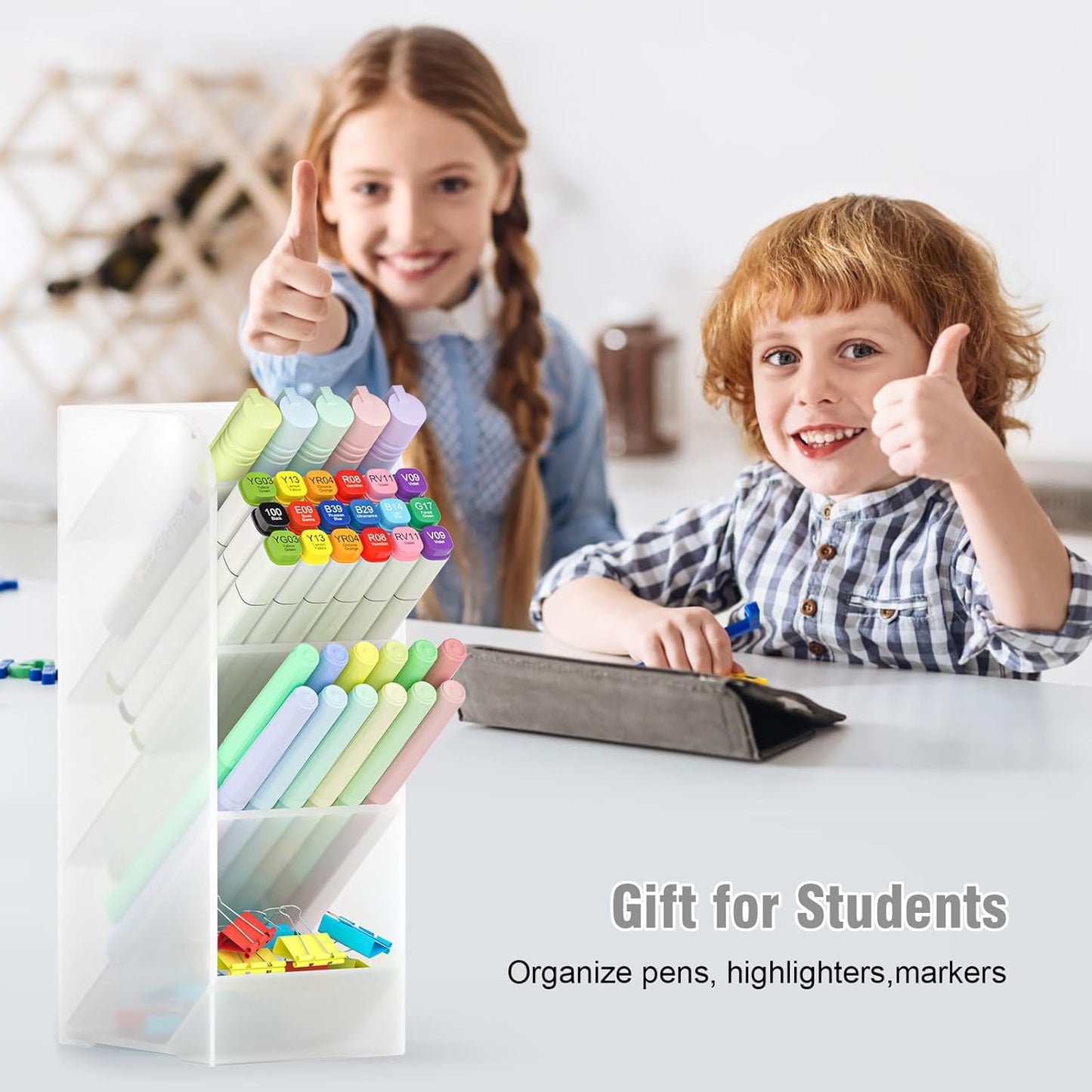 Asten Pen Holder, Pencil Holder for Desk, Pen Organizer for Office, School, Desktop, Large Capacity Pen Storage Organizer with 5 Compartment for Pens, Markers, Makeup Brush, Cosmetics (Clear, 1 Pack)