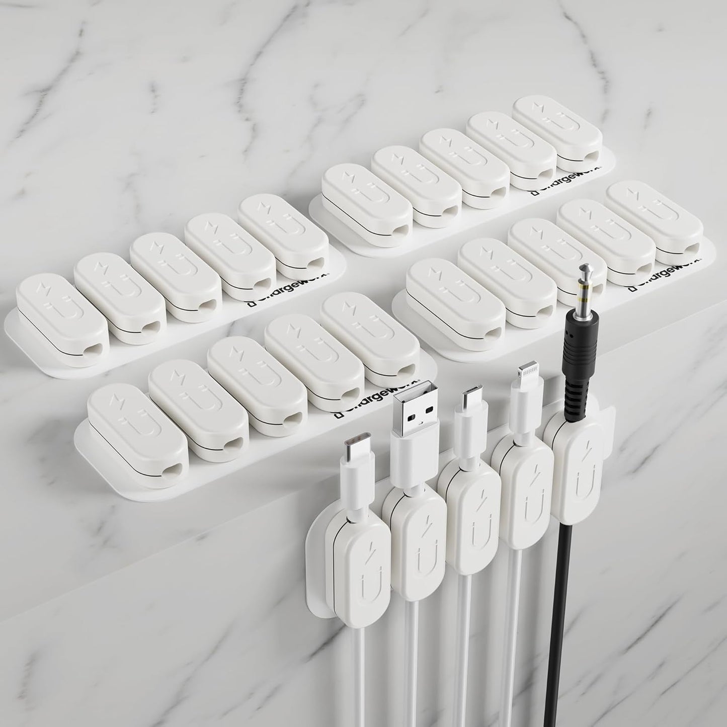 CHARGEWORX Pack of 5 Magnetic Cable Clips, Adhesive Cord Organizer for Desk, Nightstand, Wall or Car, Wire Holder for USB-C, Lightning and Micro-USB Cables