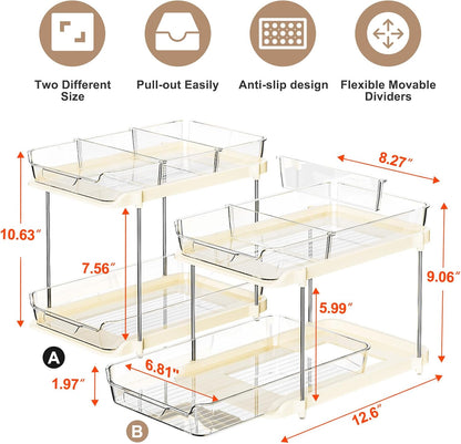 Delamu 2-Tier Multi-Purpose Bathroom Under Sink Organizers and Storage, Stackable Kitchen Pantry Organization, Pull Out Medicine Cabinet Organizer with Movable Dividers, White, 2 Pack
