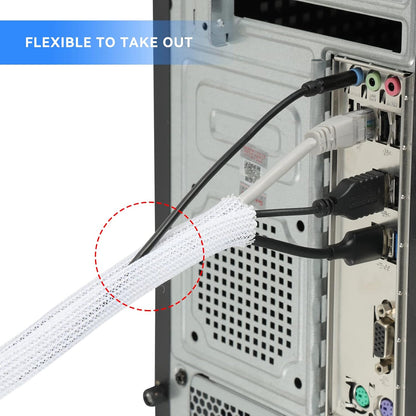 AGPTEK White Cable Sleeve, 2 Pack 5ft - 1.2 Inch Cable Management, Desk Cord Cover Organizer Wire Hider for Computer TV Wire Loom Tubing, Pet Proof Cord Protector from Cat Dog Chewing, White