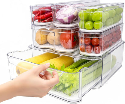 SMRCAD 8 Pack Refrigerator Organizers, Clear Pull-out Drawer Container and Organizer Bins with Lids, Stackable Storage Containers for Fruits, Vegetable (Set of 8 (Include Pull Out Drawer))