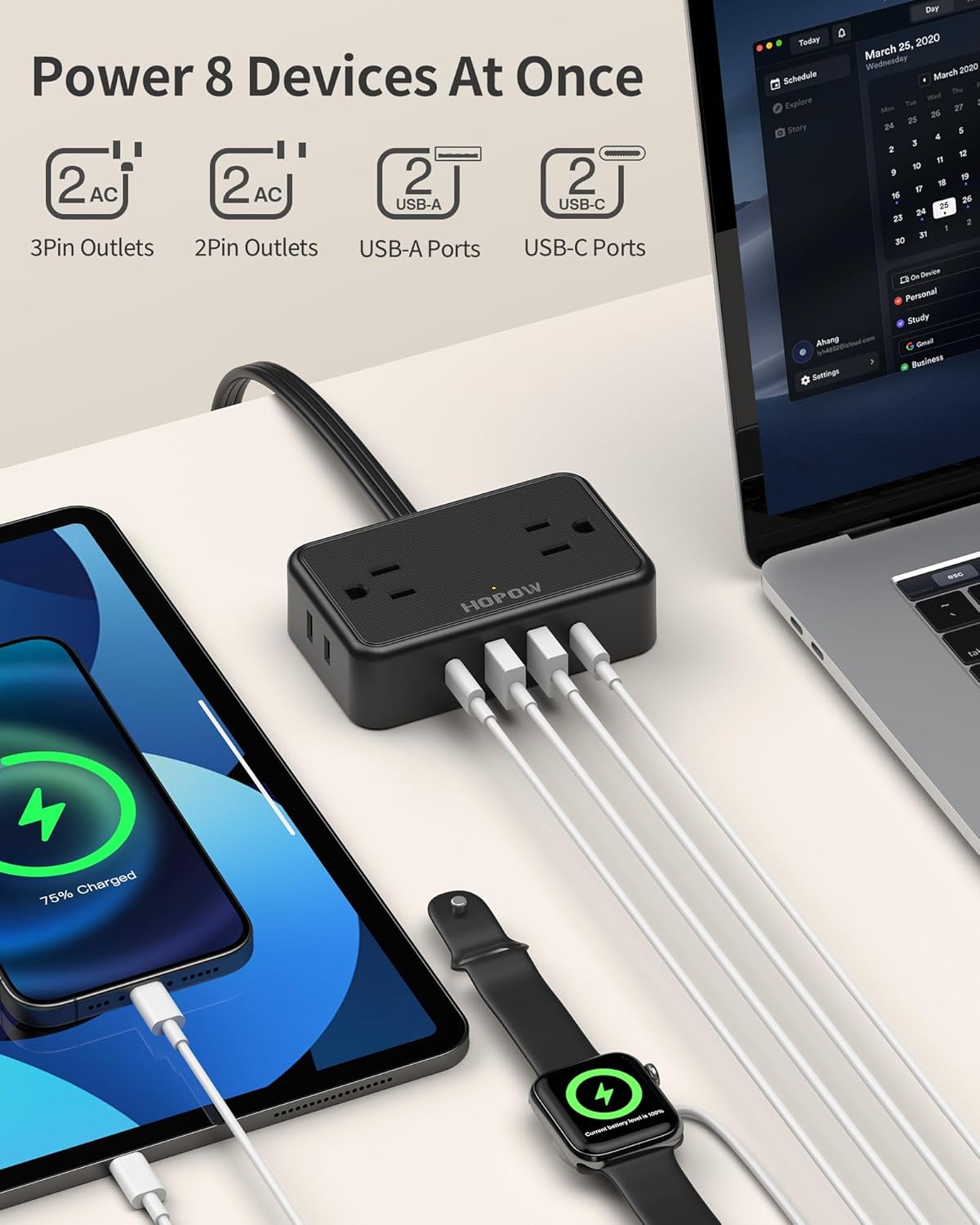 HOPOW Desk Clamp Power Strip, Desktop Mount Charging Station with 4 Outlets 4 USB Ports (2 USB C), 10Ft Under Desk Power Strip, Fits 2.75" Tabletop Edge, Extension Cord for Home Office, Black