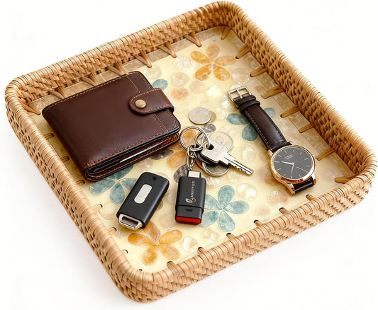 Handwoven Wicker Valet Tray, 8 Inch Square Catch All Organizer for Jewelry, Watches & Keys | Decorative Tray for Nightstand, Desk, Entryway, Coffee Table & Bathroom Counter