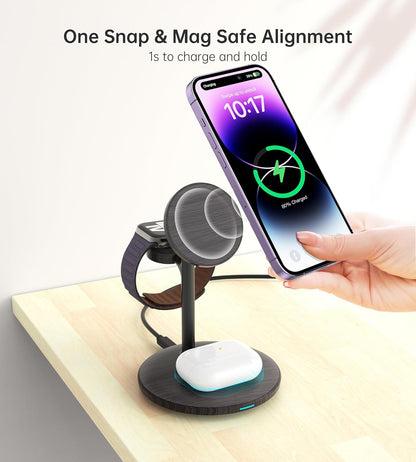 XooFly 3 in 1 Wireless Charging Station for Apple Devices, Fast Wireless Mag-Safe Charger Stand with 20W Adapter for iPhone 17 16 15 14 13 12 Pro Max/Air/Plus/Pro,iWatch,AirPods-Gift for Wife&Husband