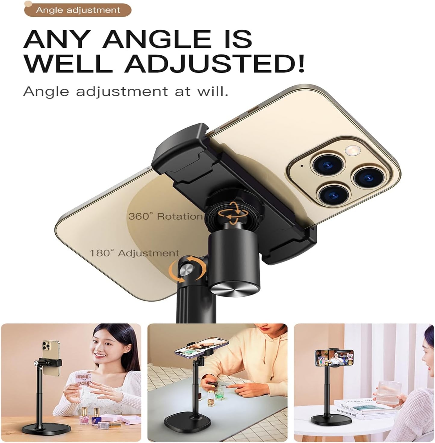 Hosannn Century Adjustable Cell Phone Stand Rotating Lifting Mobile Phone Holder for Desk & Video Recording Compatible with All iPhone for Galaxy (White)