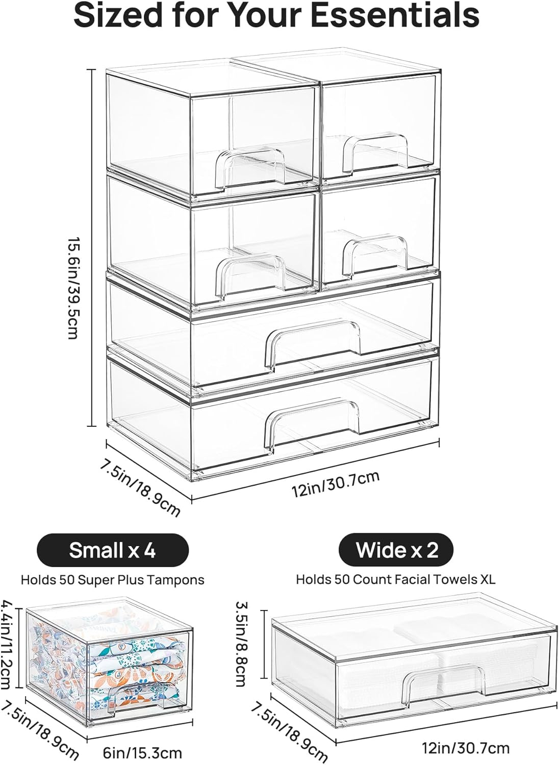 Vtopmart Stackable Storage Drawers Set of 4, Clear Plastic Organizer Bins for Bathroom Supplies,Ideal for Cabinet,Pantry,Laundry Room Organization