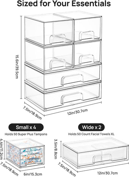 Vtopmart Stackable Storage Drawers Set of 4, Clear Plastic Organizer Bins for Bathroom Supplies,Ideal for Cabinet,Pantry,Laundry Room Organization