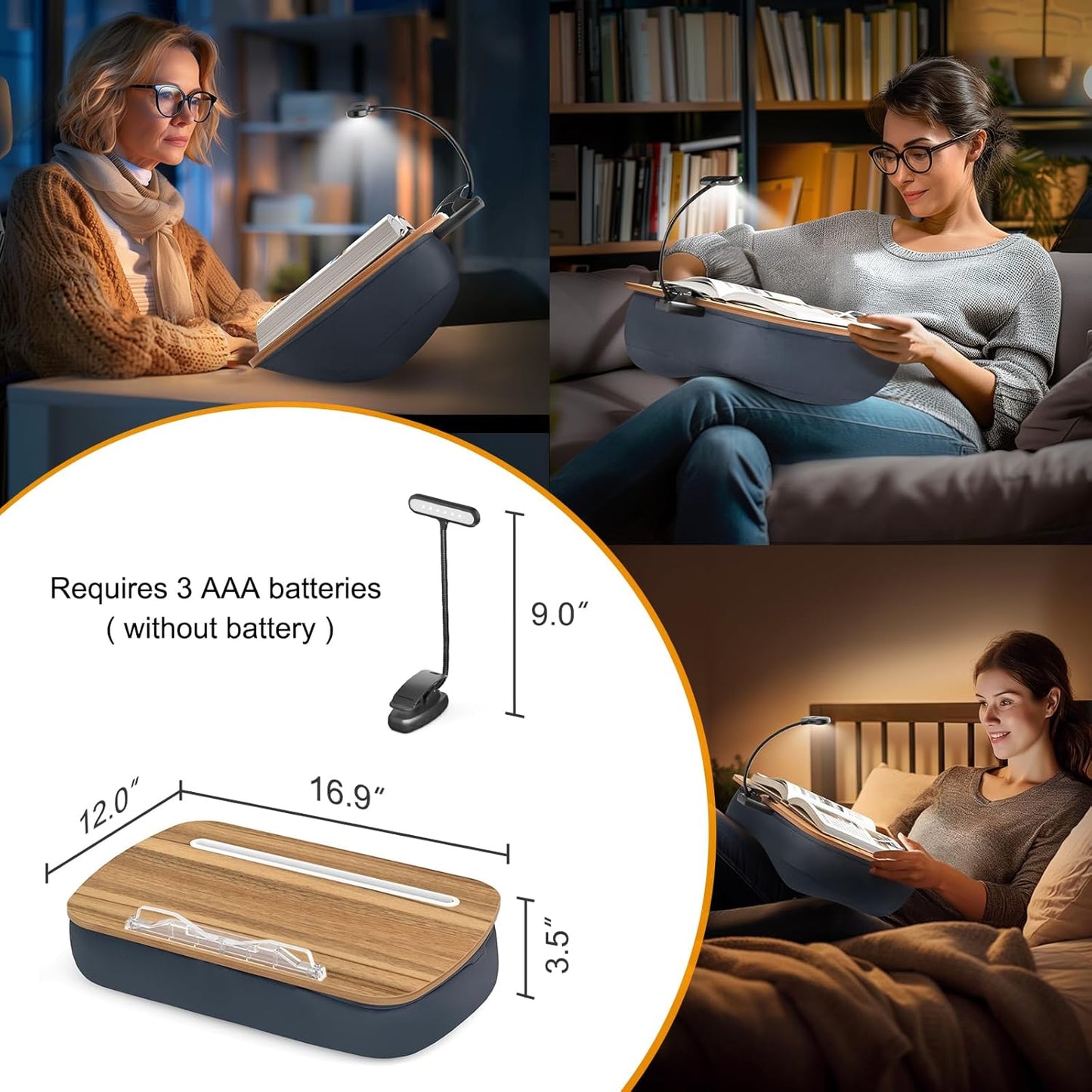 ERGONOV Book Pillow Stand with 6500K Reading Light, Hands Free Book Holder, Comfortable Lap Book Stand for Reading in Bed, Desk, or Sofa, Wooden Book Rest for Book Lovers,AAA Battery Required