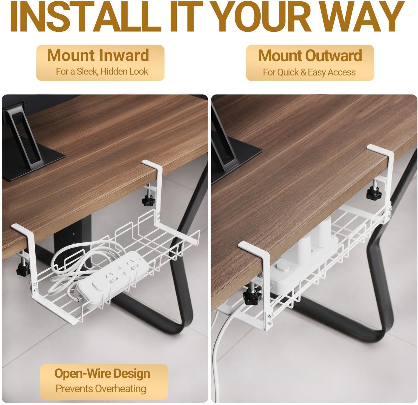 Under Desk Cable Management Tray, 15.7'' Metal Wire Organizer with Clamp, No Drill Desk Cord Rack for Cable Management, Computer Wire Organizer for Office and Home, Sturdy & Scratch-Free