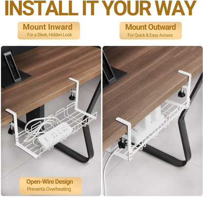 Under Desk Cable Management Tray, 15.7'' Metal Wire Organizer with Clamp, No Drill Desk Cord Rack for Cable Management, Computer Wire Organizer for Office and Home, Sturdy & Scratch-Free