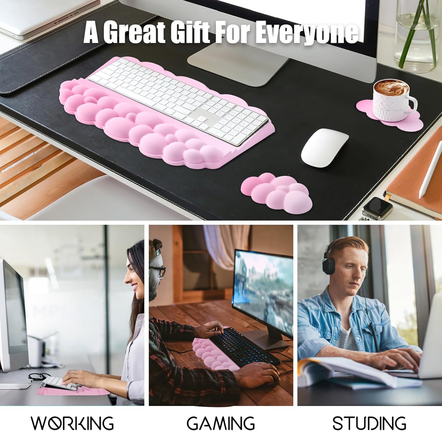 Ergonomic Wrist Rest for Keyboard and Mouse, Soft Memory Foam Cloud Keyboard Stand Pad with Wrist Rest Set, Easy Typing, Pain Relief, Comfort for Office, Work, Gaming - White