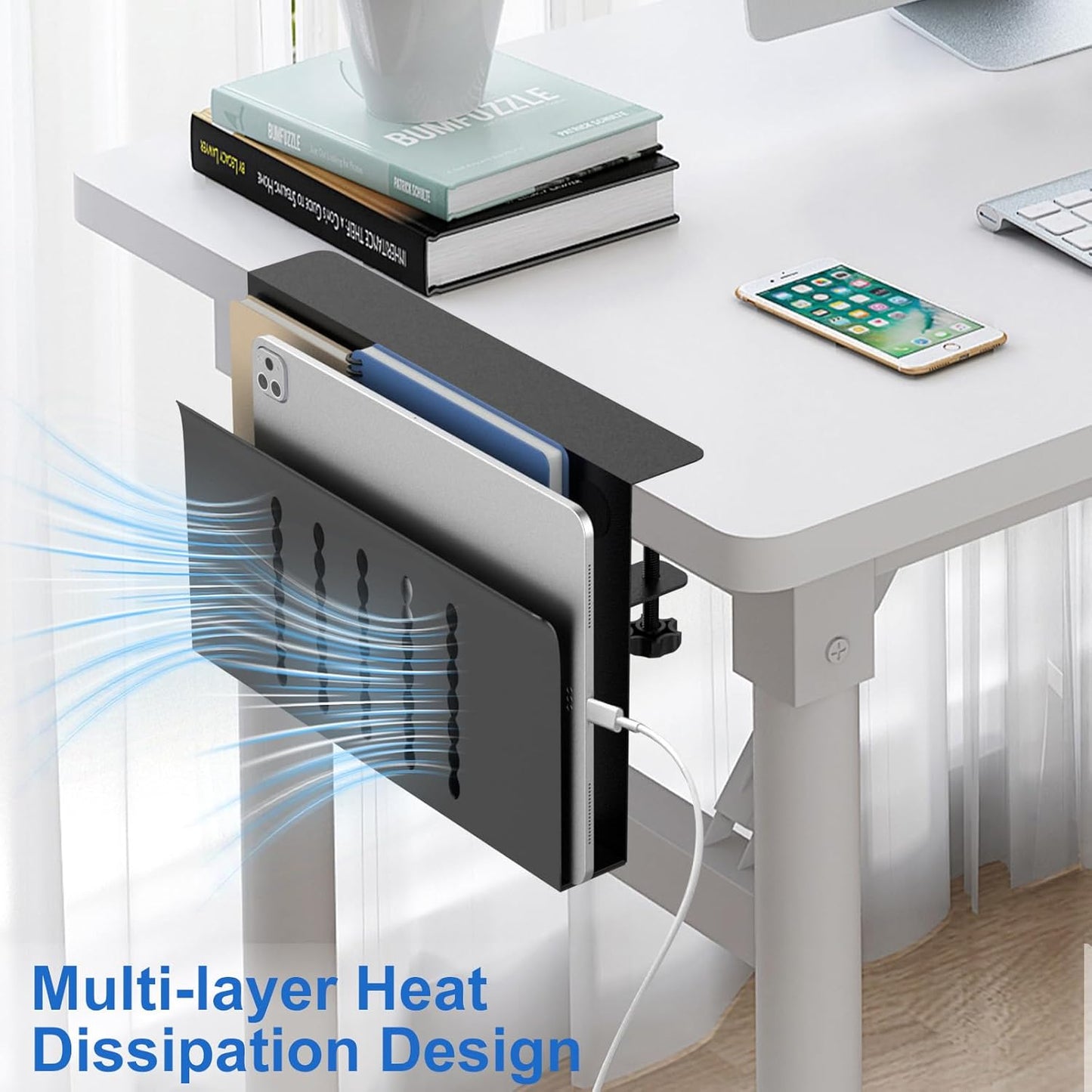 HAMOPY Desk Side Storage, Single-Layer Steel Hanging Desk Organizer with Magnetic Pen Holder, No Drilling Desk Drawer Cable Management Tray, Under Desk Laptop Holder for Office, School&Home(White)