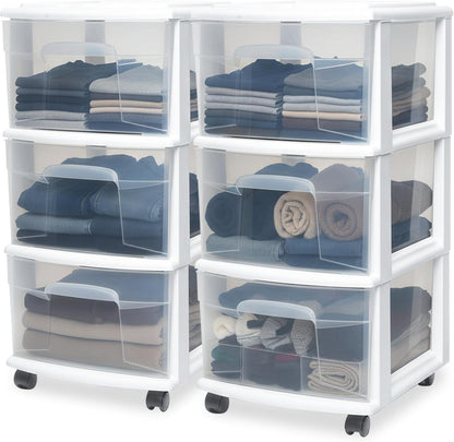 HOMZ Drawer Tower, 3-Tier Rolling Storage Cart with Removable Wheels, White Frame – Plastic Organizer with Clear Bin Drawers for Bedroom, Bathroom, Home Office, and Dorm Room