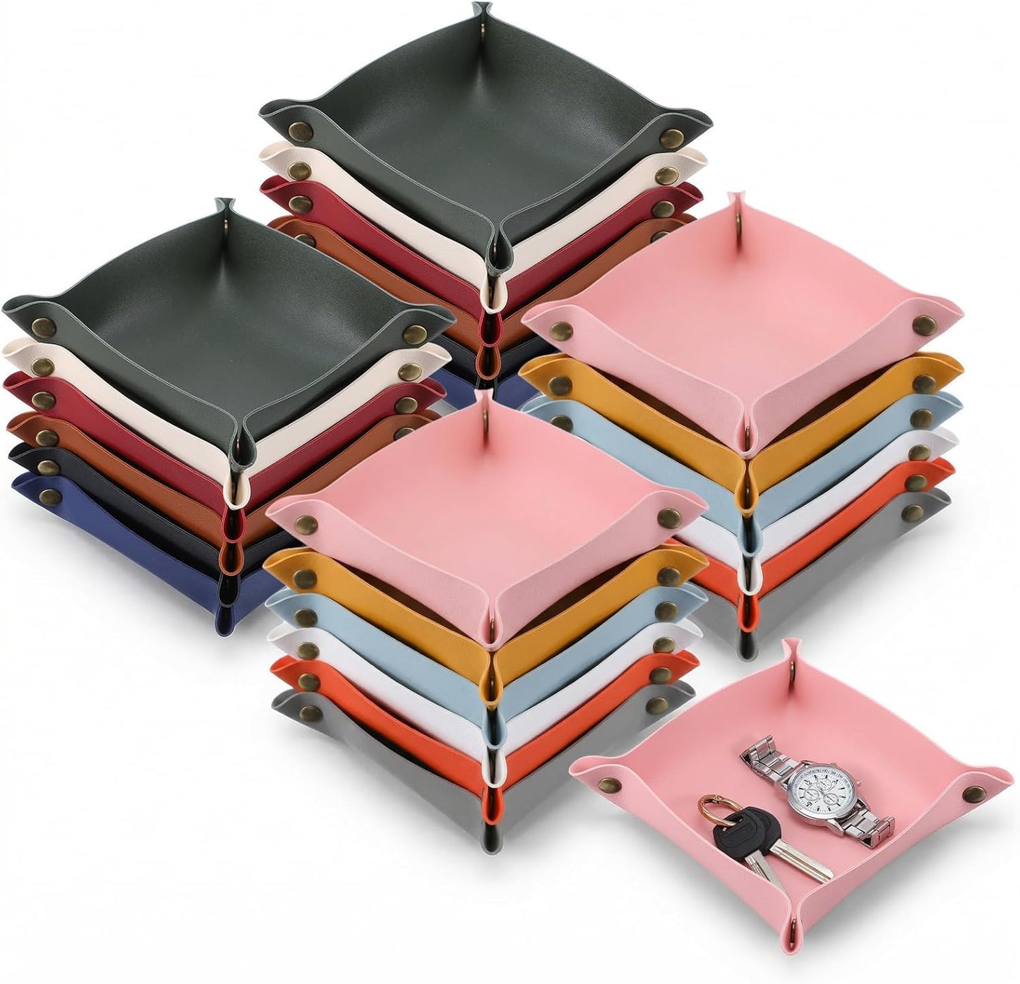 JIEYAO 24 Pcs PU Leather Valet Trays, Foldable Key Jewelry Catchall Tray Portable Travel Dish Plate for Entryway Desk Bedside Wallet Watch Coin Multicolor