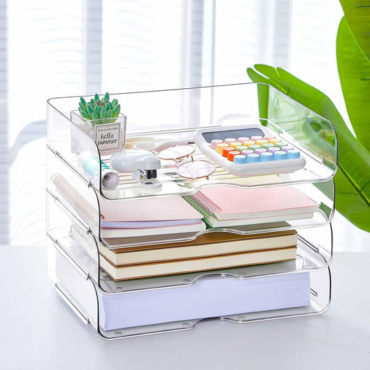 Juexica 4 Pcs Stackable Clear Letter Trays Organizer for Desk A4 Size File Paper Organizer Acrylic Desk Organizer Trays with Anti Skid Bottom for Home Office School (Vertical Opening Style)