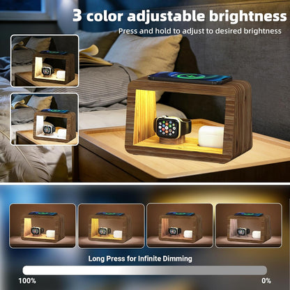 4 in 1 Bamboo Charging Station for Multiple Devices, 15W Fast Wireless Charger with Stepless Dimmable Night Light, Wood Style Dock Compatible with iPhone/iWatch/AirPods