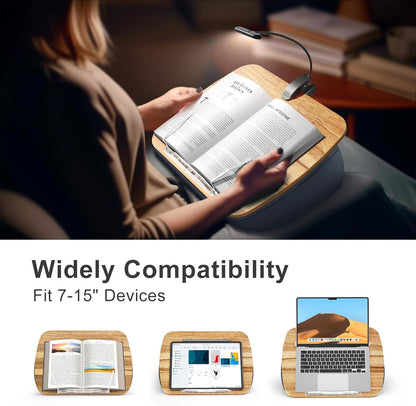 Reading Book Pillow Stand with 3-Color Adjustable Light, Hands-Free Book Holder for Bed or Lap, Wooden Surface, AAA Batteries Required