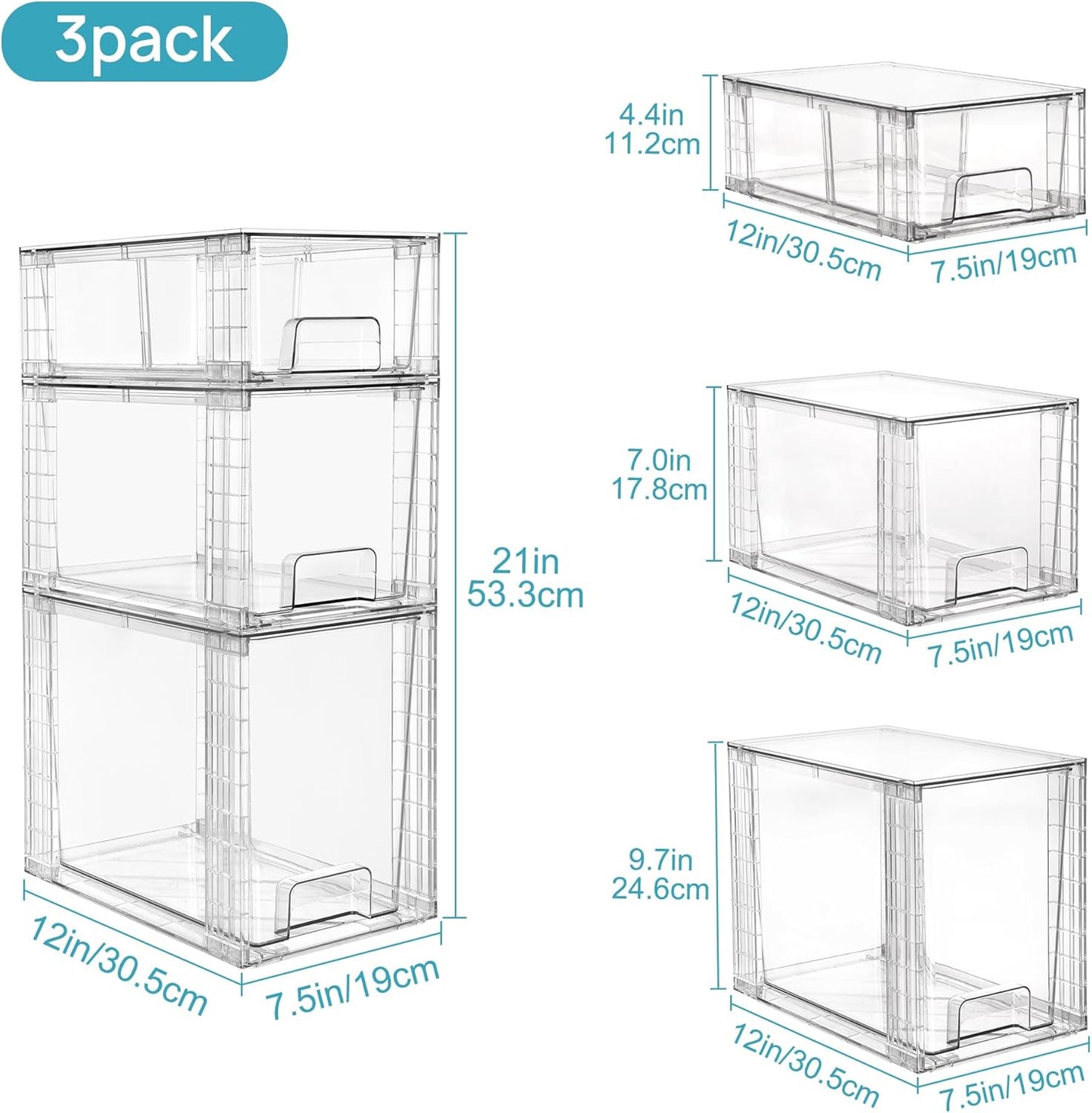 Vtopmart 3 Pack Stackable Storage Drawers, Easily Assemble Acrylic Bathroom Undersink Organizers,Clear Plastic Storage Bins for Closet,Cabinet,Pantry,Medicine Organization