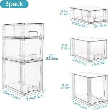 Vtopmart 3 Pack Stackable Storage Drawers, Easily Assemble Acrylic Bathroom Undersink Organizers,Clear Plastic Storage Bins for Closet,Cabinet,Pantry,Medicine Organization
