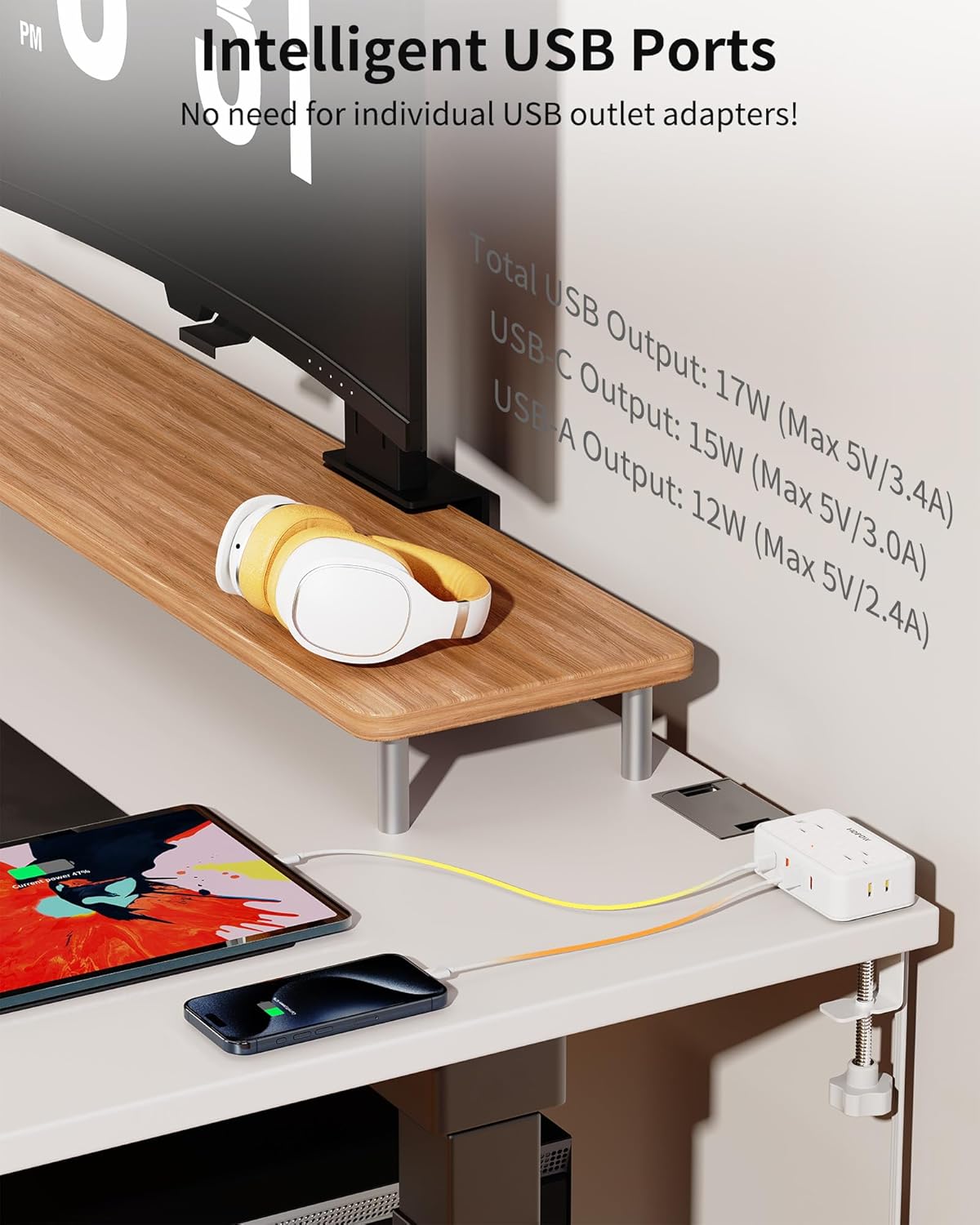 HOPOW Desk Clamp Power Strip, Desktop Mount Charging Station with 4 Outlets 4 USB Ports (2 USB C), 10Ft Under Desk Power Strip, Fits 2.75" Tabletop Edge, Extension Cord for Home Office, Black