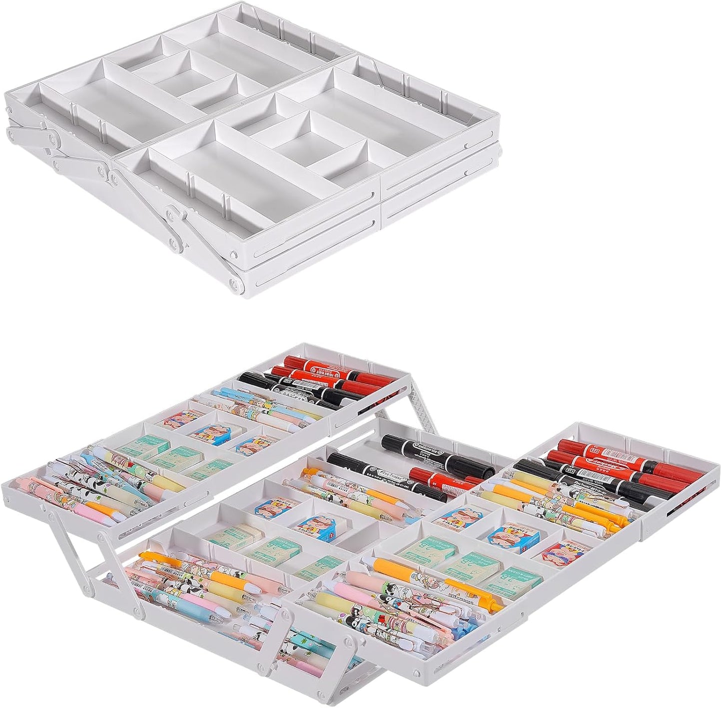 Aobiono Multi Level Smart Drawer Organizer, Multi Tier Expandable Storage Collapsible Foldable Trays for Jewelry, Cosmetics, Makeup, Tools, Battery (White, Single Row - 2 Levels)