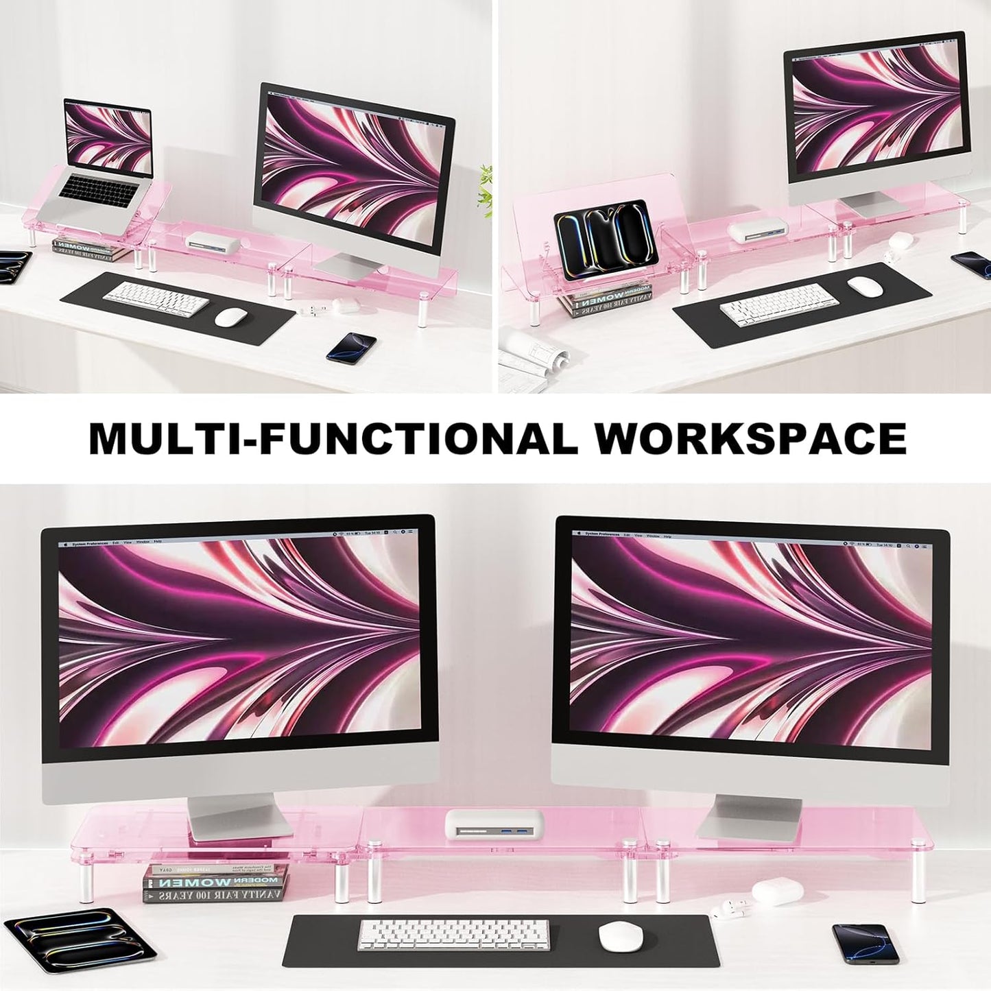 RQUOIRE Ergonomic Pink Acrylic Dual Monitor Stand with Adjustable Laptop Riser, Compatible with Desktop, Printer, TV and More Devices,monitor riser holder suitable for 2 monitors