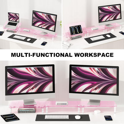 RQUOIRE Ergonomic Pink Acrylic Dual Monitor Stand with Adjustable Laptop Riser, Compatible with Desktop, Printer, TV and More Devices,monitor riser holder suitable for 2 monitors