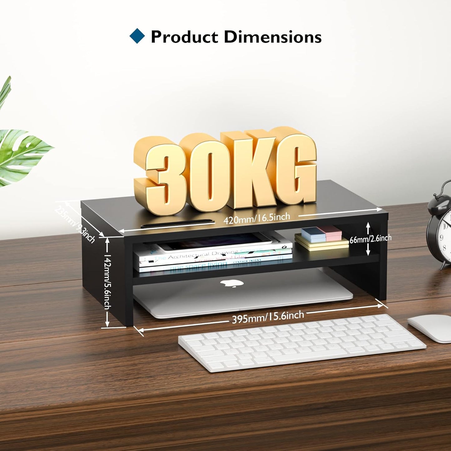 BONTEC Wooden Monitor Stand Riser, 2-Tier Desk Shelf with Storage Organizer, Ergonomic Computer Stand with Cable Management, Cellphone Holder, White, 16.5 Inch