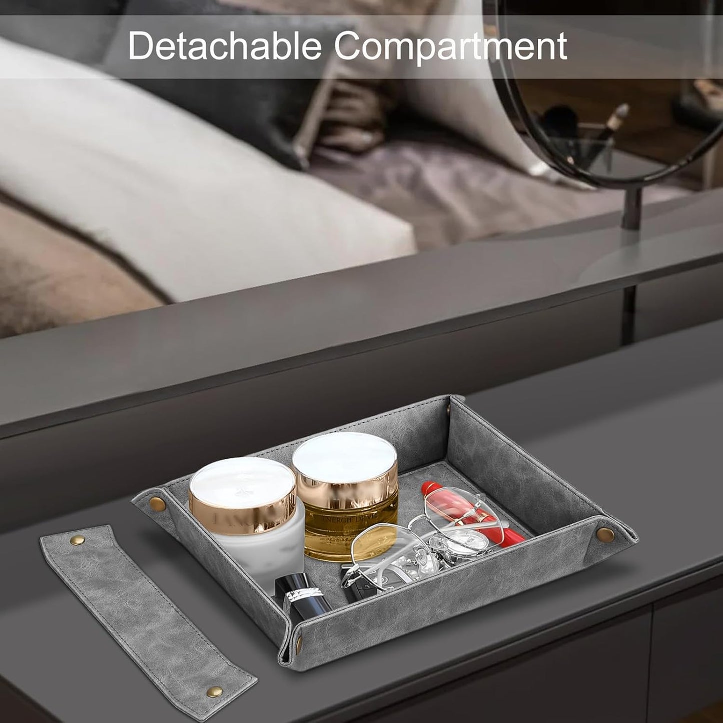 SITHON Valet Tray Desktop Storage Organizer, Removable 2 Compartments Catchall Tray Bedside Vanity Nightstand Caddy Holder Desk Storage Plate, Valentine's Day Gift, Brown