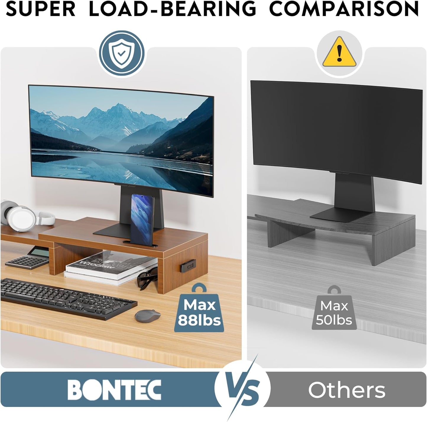 BONTEC Dual Monitor Stand Riser with Smartphone Holder, Adjustable Length & Swivel Angle, Ergonomic Wooden Desktop Organizer for PC Monitor, Laptop, Printer, Large Storage, White