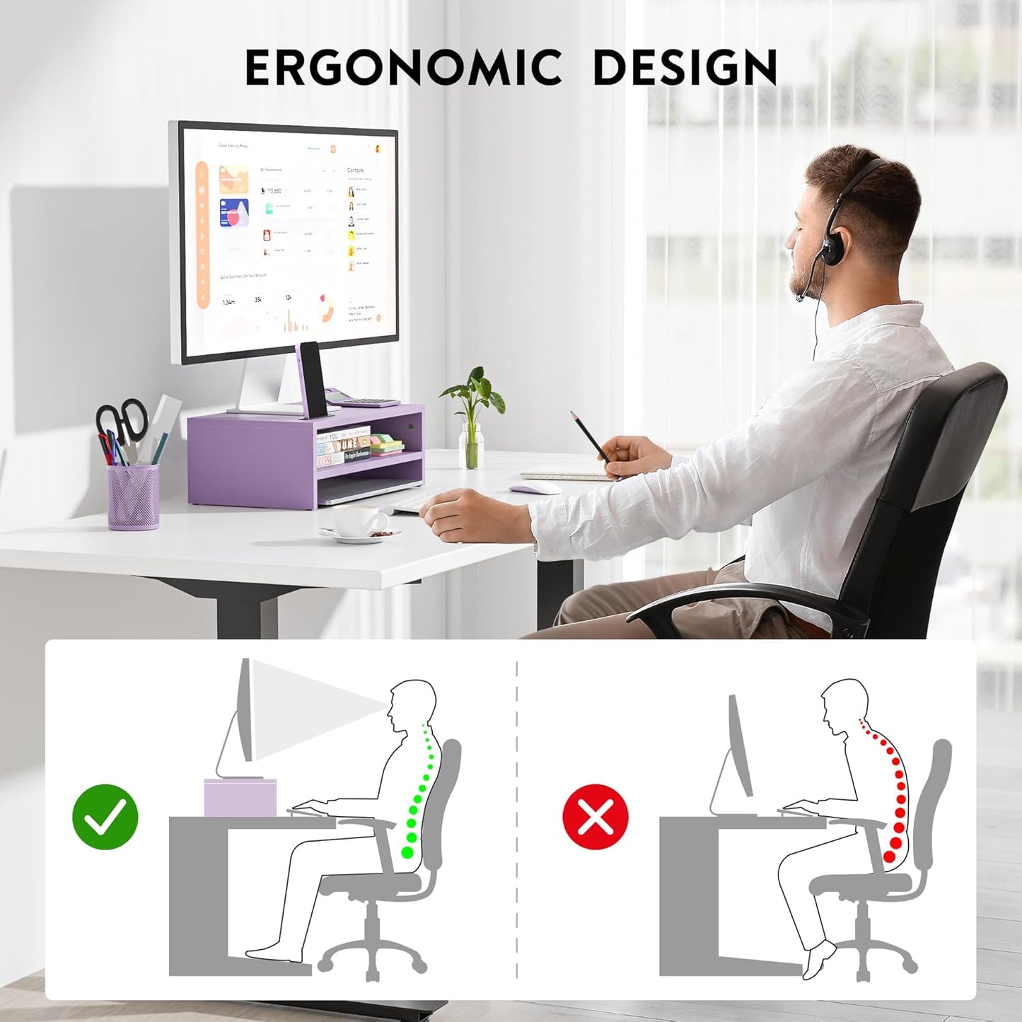 BONTEC Wooden Monitor Stand Riser, 2-Tier Desk Shelf with Storage Organizer, Ergonomic Computer Stand with Cable Management, Cellphone Holder, White, 16.5 Inch