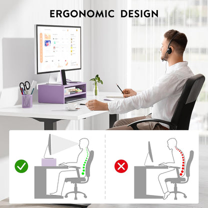 BONTEC Wooden Monitor Stand Riser, 2-Tier Desk Shelf with Storage Organizer, Ergonomic Computer Stand with Cable Management, Cellphone Holder, White, 16.5 Inch